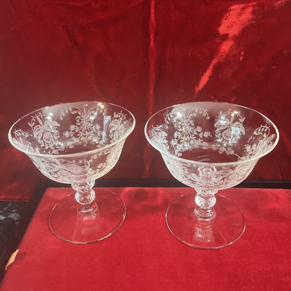 set of 2 Heisey‎ Etched glass Orchid sherbets Champagne goblets - Picture 4 of 8